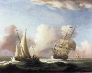 Monamy, Peter A Small Sailing boat and a merchantman at sea in a rising Wind painting